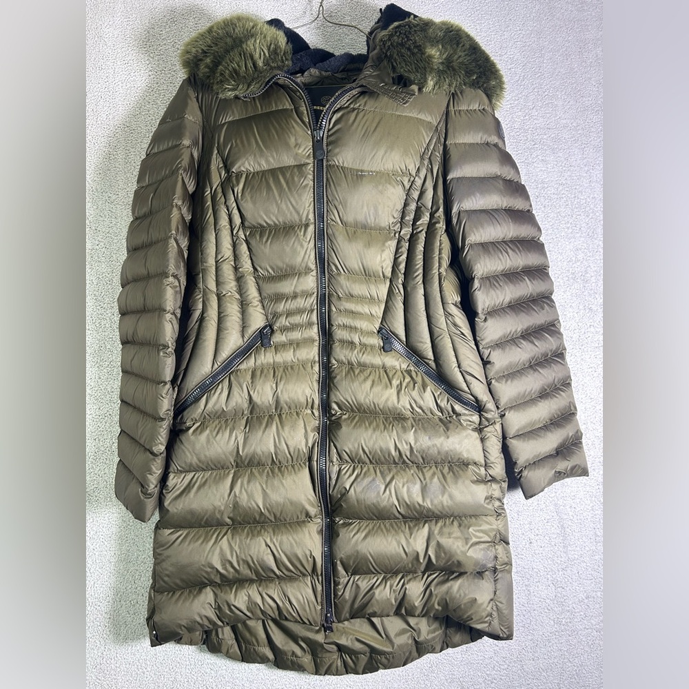 Creenstone Long Puffer Coat Women’s 38 Olive Green 90% Duck Down Faux Fur Hood